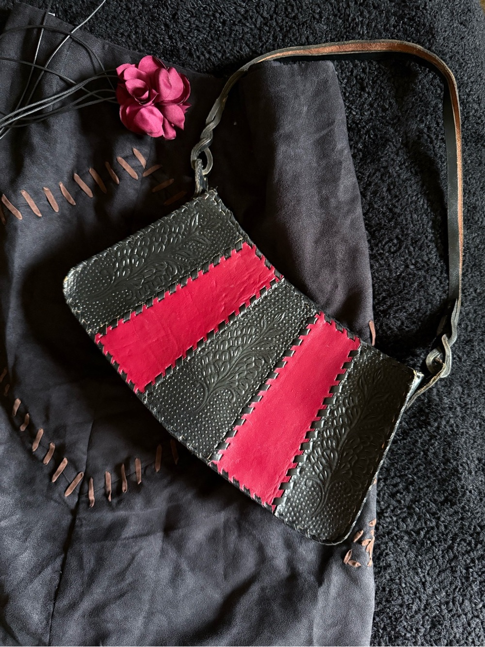 Free People Black and Fuchsia Patchwork Leather Shoulder Bag
